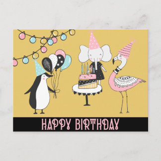 Penguin Flamingo Elephant Birthday Card Vykort