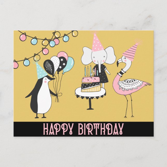 Penguin Flamingo Elephant Birthday Card Vykort (Framsida)
