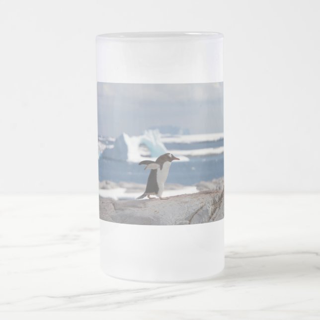 Penguin framför ett isbåge frostat ölglas (Center)