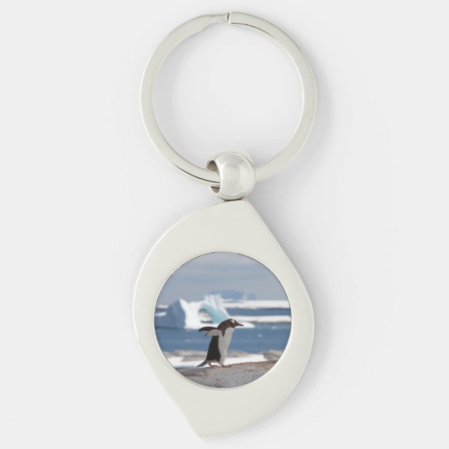 Penguin framför ett isbåge swirl silverfärgad nyckelring (Framsidan)