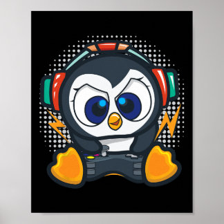 Penguin Gaming Shirt Boys Kids Gamer Gift Penguin Poster