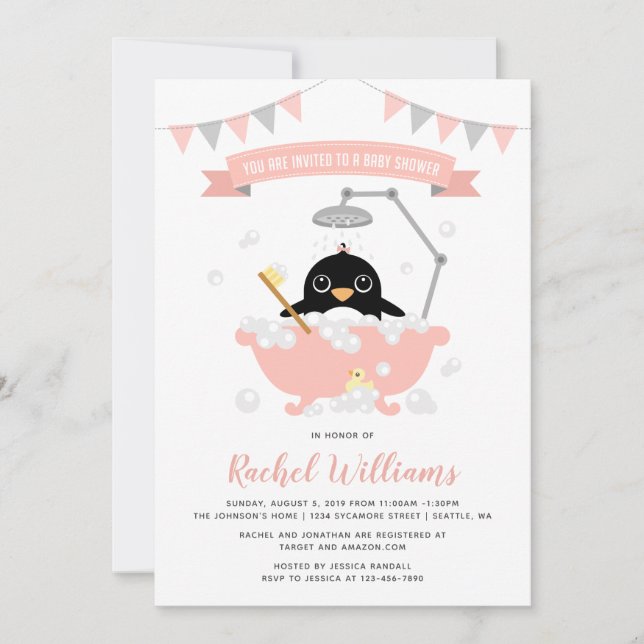 Penguin Girl in Rosa Bathtub Shower-inbjudan Inbjudningar (Framsida)