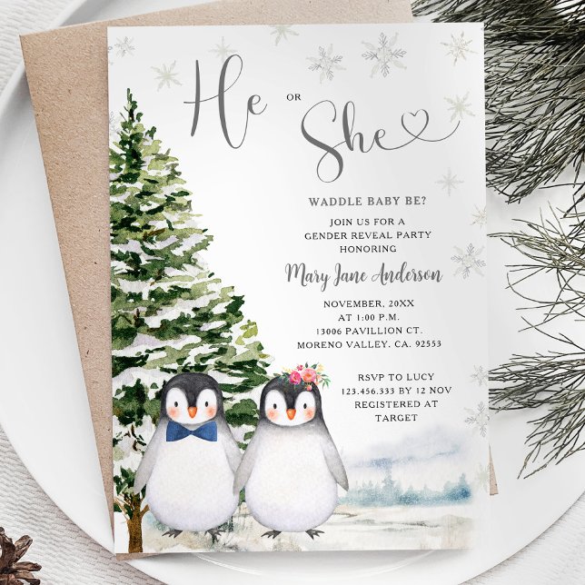 Penguin Han eller hon Evergreen Winter Gender Reve Inbjudningar (Skapare uppladdad)