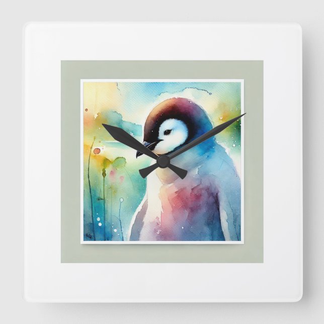 Penguin Harmony 051124AREF132 - Watercolor Fyrkantig Klocka (Framsida)