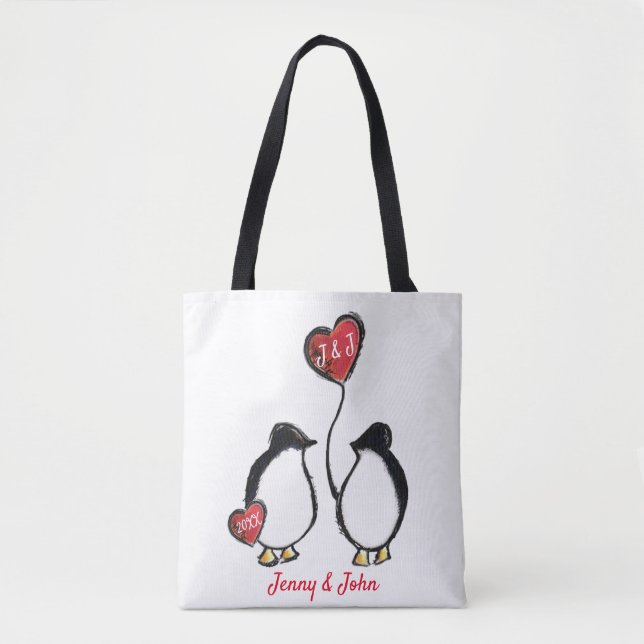 Penguin & hearts bröllop/-årsdagen tygkasse (Framsida)
