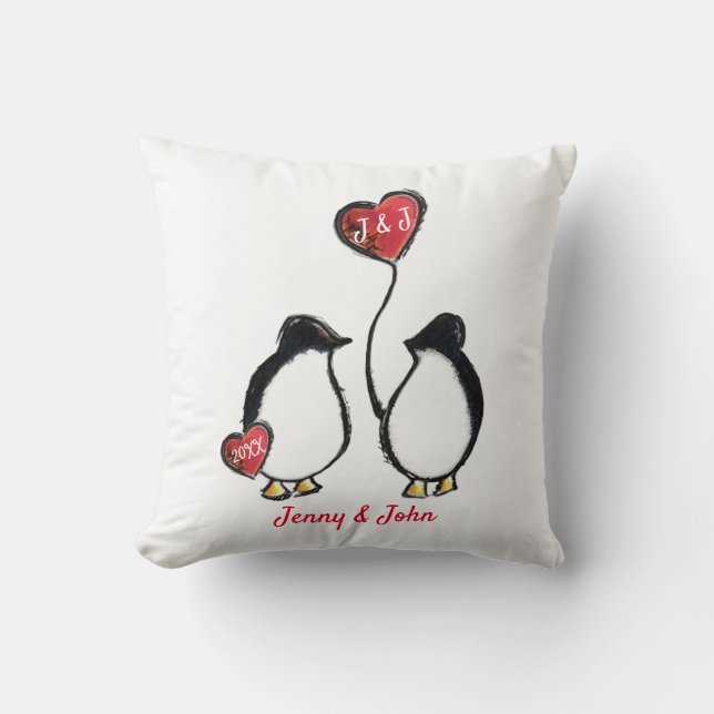 Penguin & hearts bröllop kudde (Framsida)