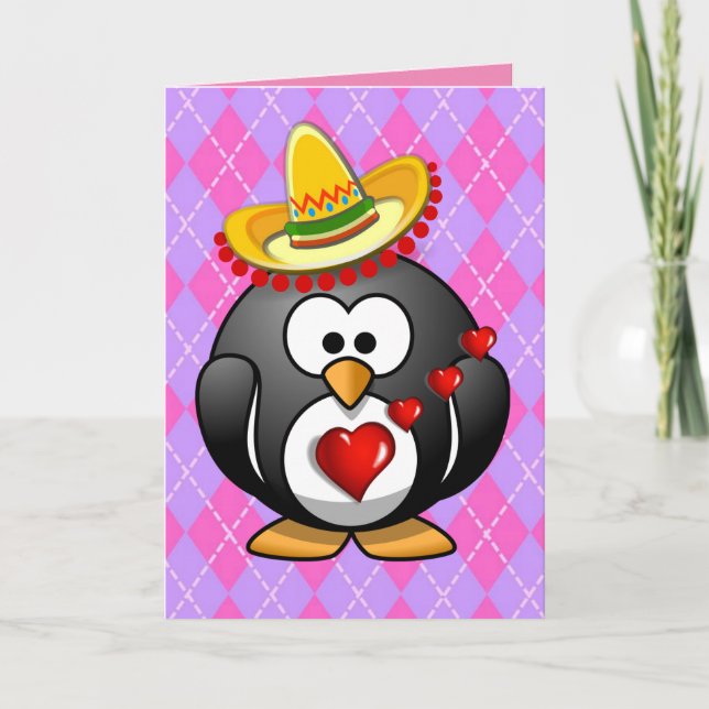 Penguin, hjärtans dag, hälsningskort helgkort (Framsida)