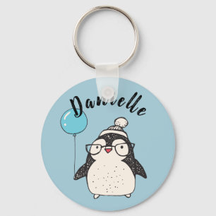 Penguin Holding a Balloon Personlig Blue Nyckelring