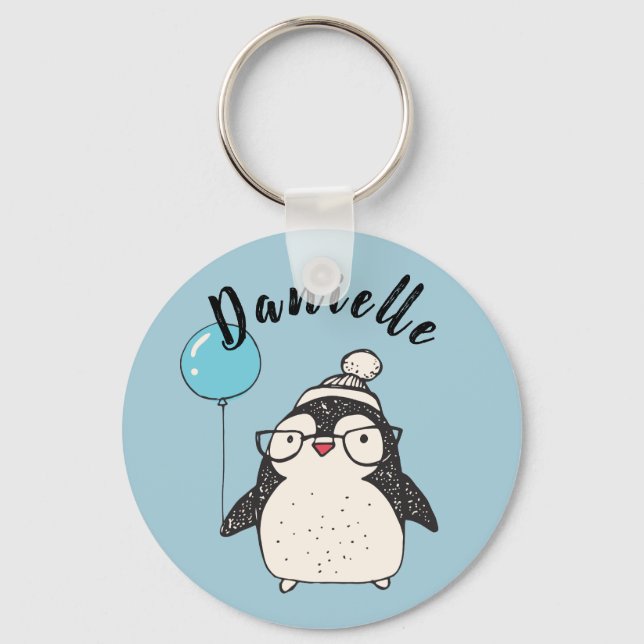 Penguin Holding a Balloon Personlig Blue Nyckelring (Framsida)