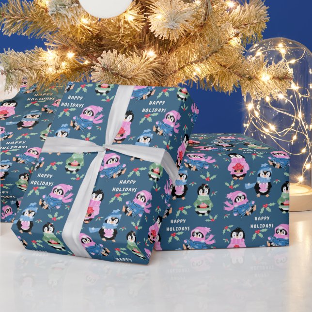 Penguin Holiday Besättning Mönster Blå Inpacknings Presentpapper (Helgdagar)