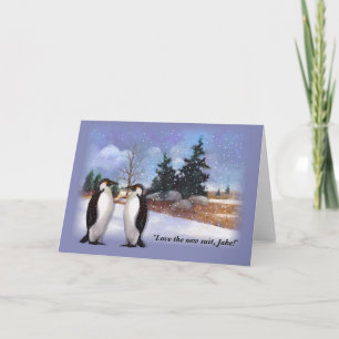 Penguin Humor, Oil Pastel Winter Scene, Art., Funn Helgkort