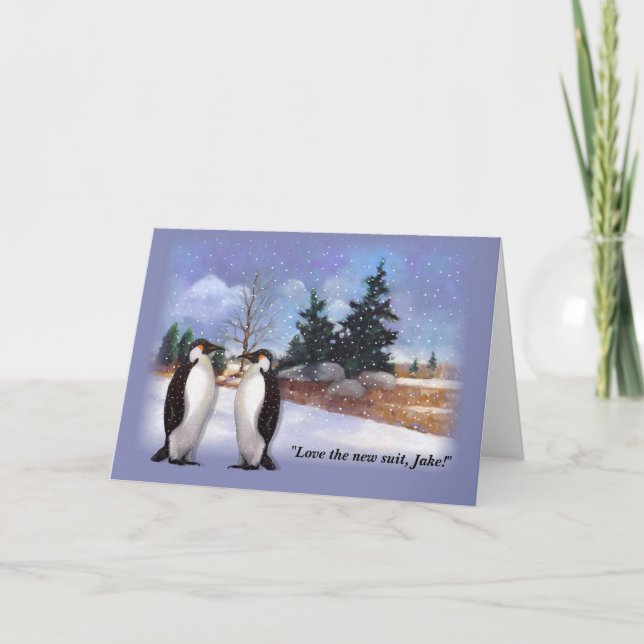 Penguin Humor, Oil Pastel Winter Scene, Art., Funn Helgkort (Framsida)