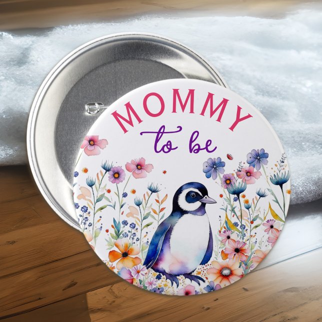 Penguin i Blommor Baby Shower Mamma ska vara Knapp (Skapare uppladdad)