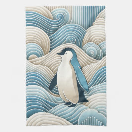 Penguin i Cream Blue Abstrakt Vågar Kökshandduk