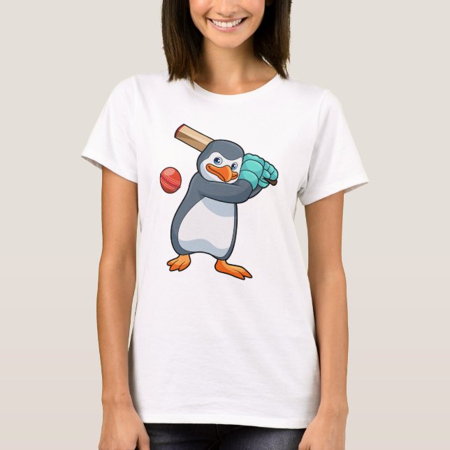 Penguin i Cricket med Cricket fladdermus T Shirt (Framsida)