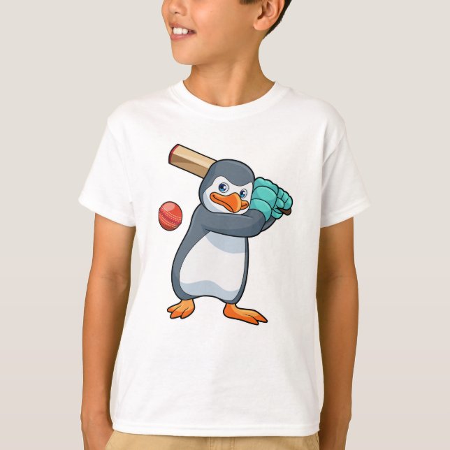 Penguin i Cricket med Cricket fladdermus T Shirt (Framsida)