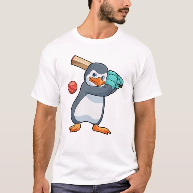 Penguin i Cricket med Cricket fladdermus T Shirt (Framsida)