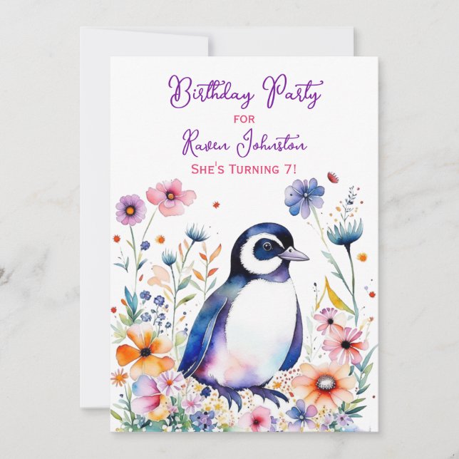 Penguin i Flowers Girl Birthday Inbjudningar (Framsida)