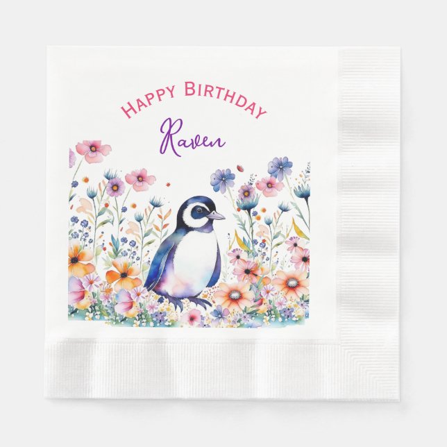 Penguin i Flowers Girl Girl's Birthday Personlig Pappersservett (Framsidan)