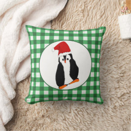 Penguin i Santa Hat-Grönten Gingham God jul Kudde