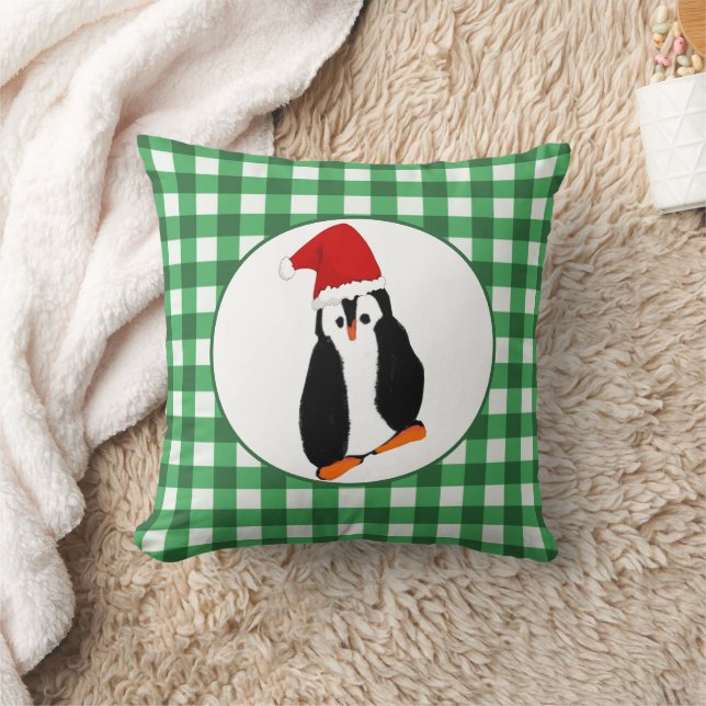 Penguin i Santa Hat-Grönten Gingham God jul Kudde (Filt)