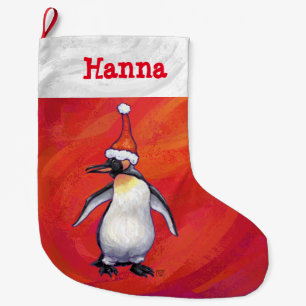 Penguin i Santa Hat på Red Stor Julstrumpa