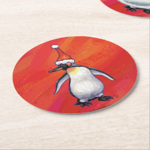 Penguin i Santa Hat på Red Underlägg Papper Rund