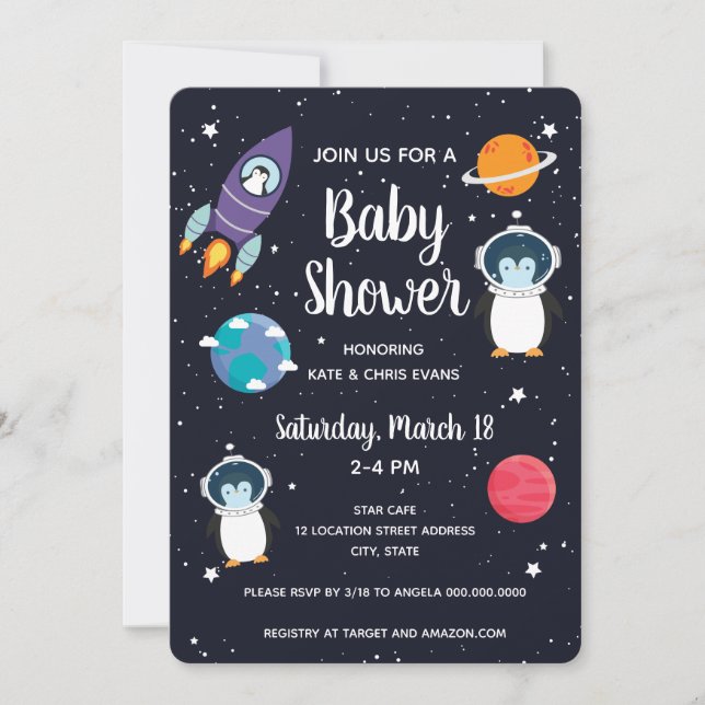 Penguin i Space Baby Shower Space Navy Galaxy Inbjudningar (Framsida)