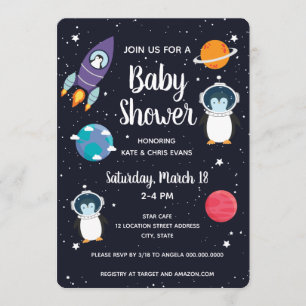 Penguin i Space Baby Shower Space Navy Galaxy Inbjudningar