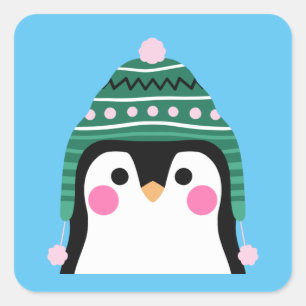 Penguin i Vinter Tuque Fyrkantigt Klistermärke