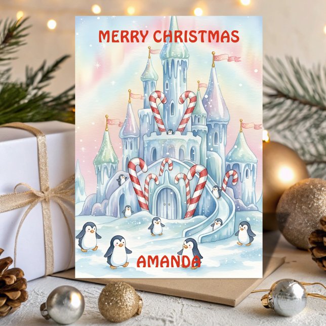 Penguin Ice Castle Kids Christmas Card Helgkort (Skapare uppladdad)