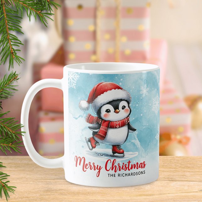Penguin Ice Skater Blue och Red God jul Kaffemugg (Skapare uppladdad)