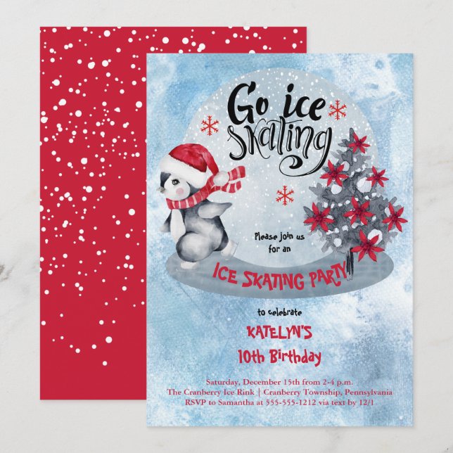 Penguin Ice Skating Helgdag 10:e Födelsedagsfesten Inbjudningar (Fram/baksida)