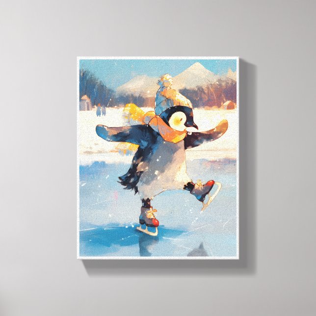 Penguin Ice Skating Winter Nursery Wall Art Canvas (Framsida)
