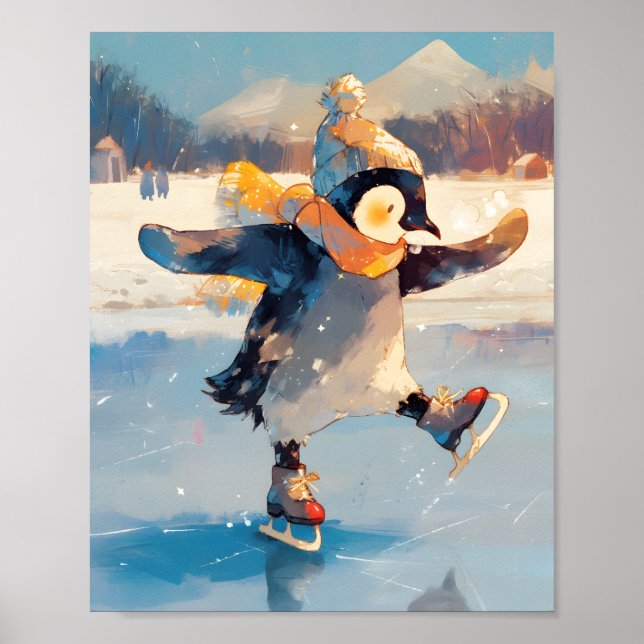 Penguin Ice Skating Winter Nursery Wall Art Poster (Framsidan)