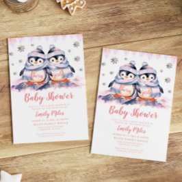 Penguin-inbjudan till Twin Girls Rosa Baby Shower Inbjudningar