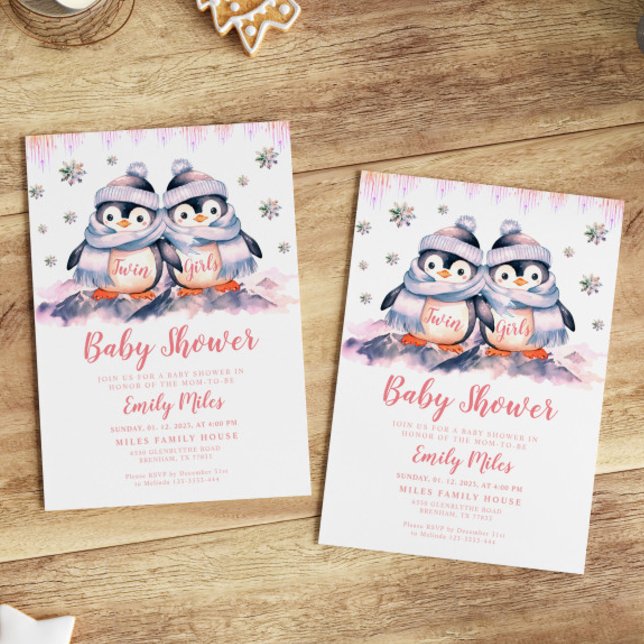 Penguin-inbjudan till Twin Girls Rosa Baby Shower Inbjudningar (Skapare uppladdad)