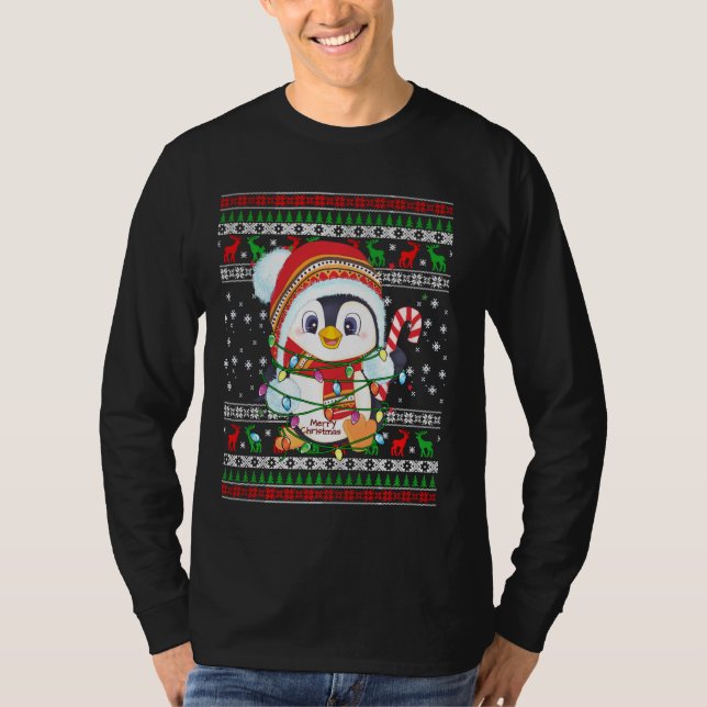 Penguin jul Ljus Santa Hat Ugly jul T Shirt (Framsida)