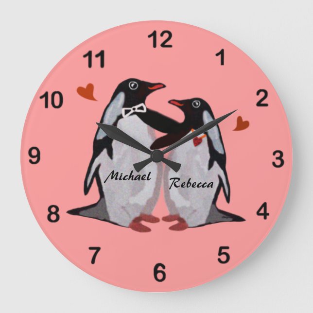 Penguin Kärlek Anpassningsbar Couple's Namn Clock Stor Klocka (Framsida)