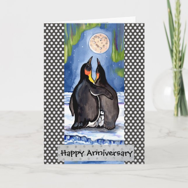 Penguin Kärlek Aurora-årsjubileeringskort - anpass Kort (Framsida)