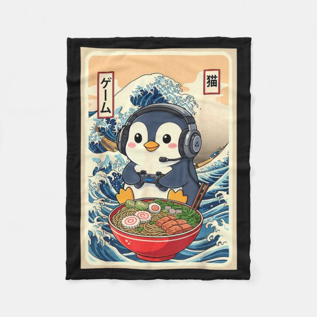 Penguin Kawaii Japanese Ramen Noodle Retro Gaming  Fleecefilt (Framsidan)