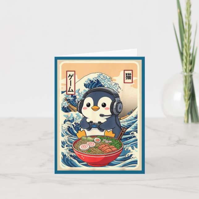 Penguin Kawaii Japanese Ramen Noodle Retro Gaming  Kort (Framsida)