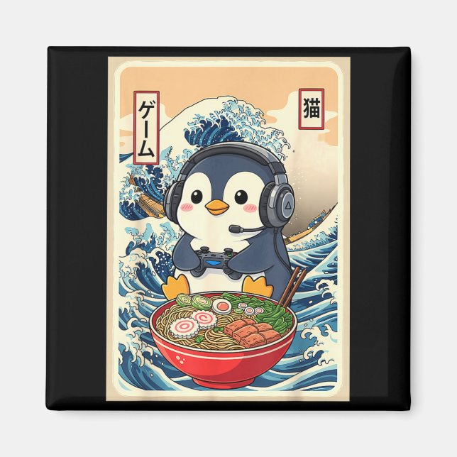 Penguin Kawaii Japanese Ramen Noodle Retro Gaming  Magnet (Framsidan)