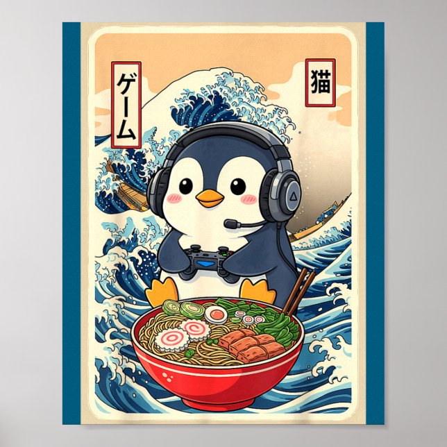 Penguin Kawaii Japanese Ramen Noodle Retro Gaming  Poster (Framsidan)