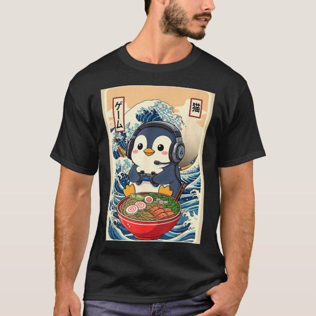 Penguin Kawaii Japanese Ramen Noodle Retro Gaming  T Shirt (Framsida)