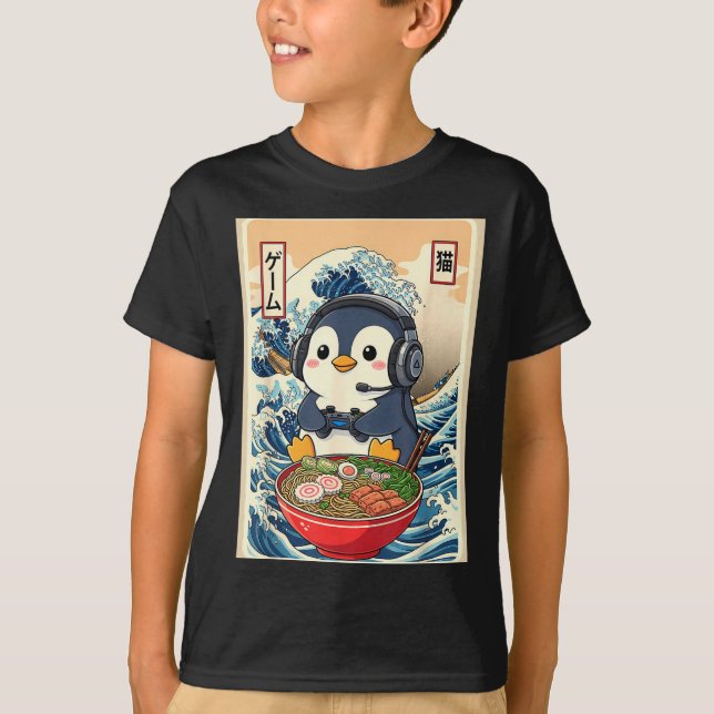 Penguin Kawaii Japanese Ramen Noodle Retro Gaming  T Shirt (Framsida)