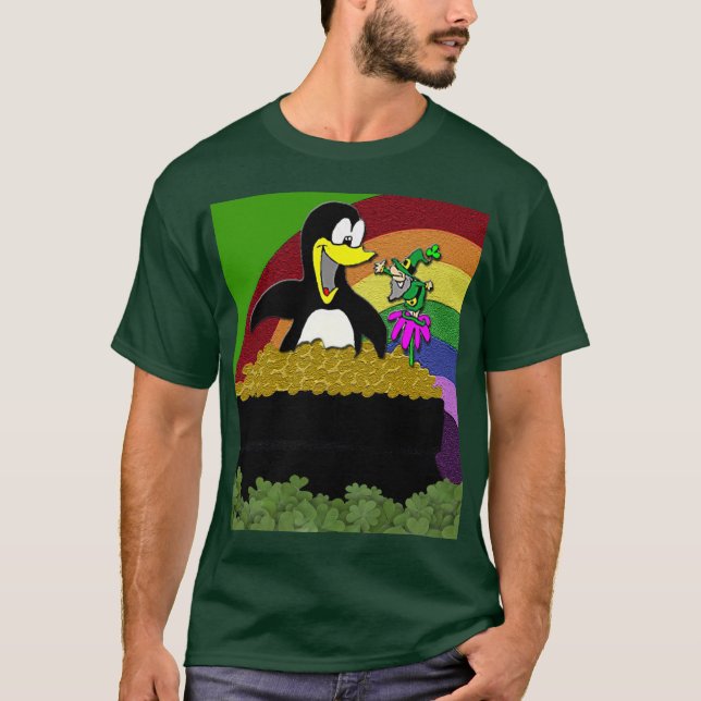 Penguin, Leprechaun, Guld och Rainbow T-Shirt (Framsida)