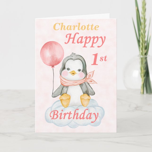 Penguin Lycklig 1:a födelsedagen Kort (Framsida)