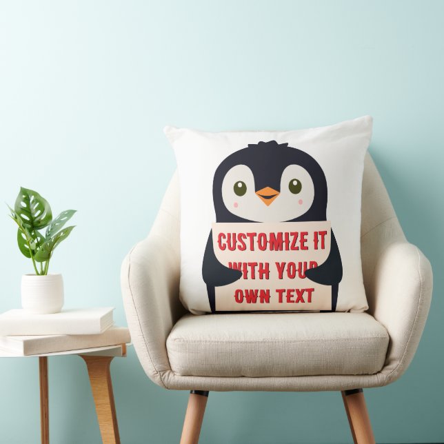 Penguin mascot holding a sign for custom text kudde (Stol)