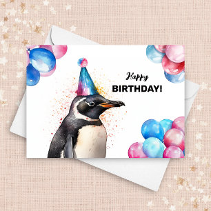 Penguin med Balloons och Party Hat Birthday Kort